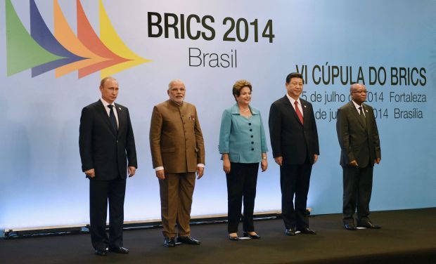 Prime Minister Narendra Modi, second left, with Russian President Vladimir Putin, left, Brazilian President Dilma Rousseff, centre, Chinese President Xi Jinping, second right, and South African President Jacob Zuma during the official photo of 6th Prime Minister Narendra Modi, second left, with Russian President Vladimir Putin, left, Brazilian President Dilma Rousseff, centre, Chinese President Xi Jinping, second right, and South African President Jacob Zuma during the official photo of 6th